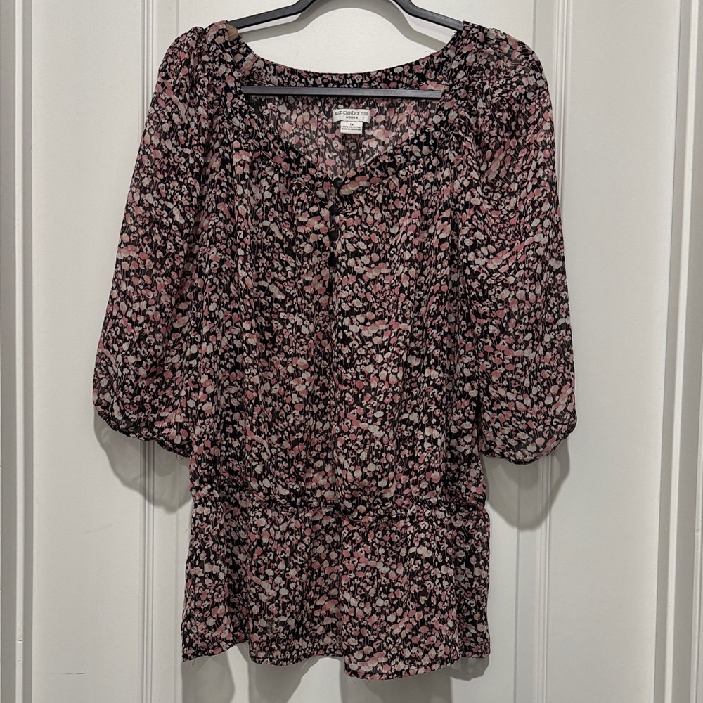 Liz Claiborne Dusty Pink and Black Floral Peplum Blouse - 1x